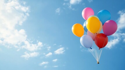 Bunch of colorful balloons in a bright blue sky, floating upwards towards clouds