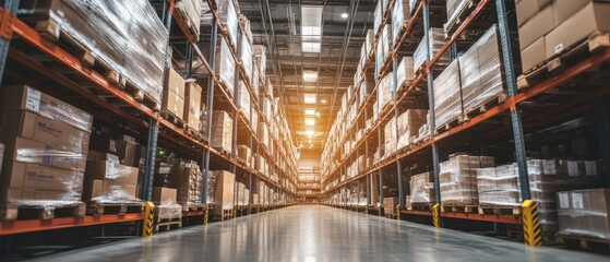 Spacious Warehouse Interior with Shelves and Boxes in Perspective