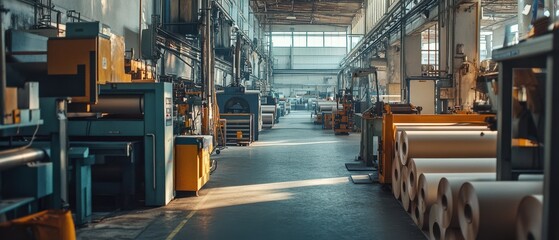 Industrial Warehouse Interior with Paper Rolls and Machinery Equipment