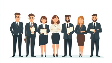 Fototapeta premium Business people standing in a row, professional attire, office setting, corporate image, presentation