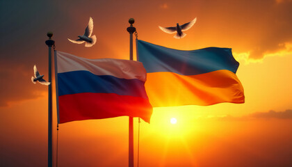Russian and Ukrainian flags flutter at sunset, doves fly in the background