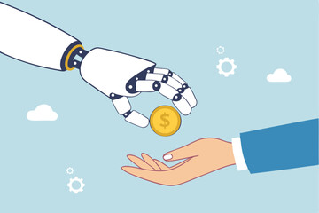 Artificial intelligence AI make money, data licensing resource for AI training payment, automation investment, robot trading or banking concept, AI robot hand giving dollar money to businessman.