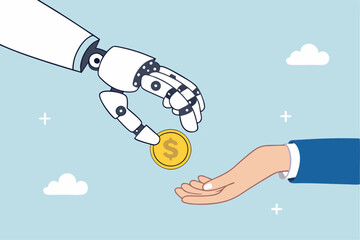 Artificial intelligence AI make money, data licensing resource for AI training payment, automation investment, robot trading or banking concept, AI robot hand giving dollar money to businessman.