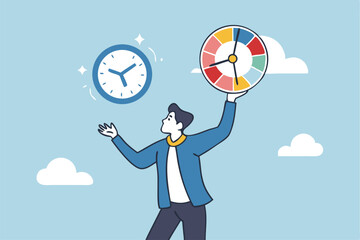 Time management, efficiency, productivity to finish work, delegation, finish tasks, prioritize responsibility, manage schedule, planning concept, businessman holding time clock with pie chart routine.