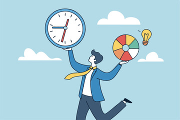 Time management, efficiency, productivity to finish work, delegation, finish tasks, prioritize responsibility, manage schedule, planning concept, businessman holding time clock with pie chart routine.