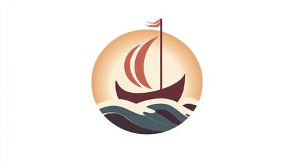 Simple sailing ship on sunset waves; logo design