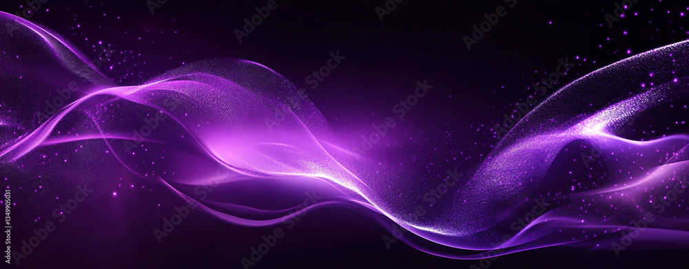Poster abstract purple waves with sparkling particles against a dark black background design element