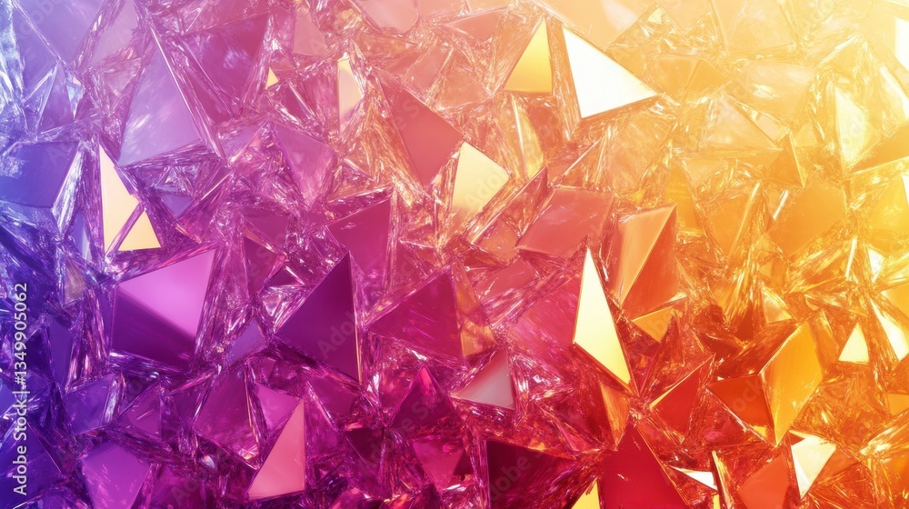 Poster abstract background of colorful, glowing, triangular crystals.