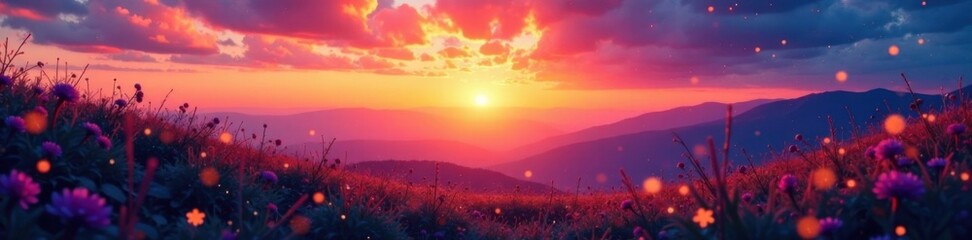 Dots and swirls in bright colors overlaying a serene landscape at sunset, sunset scene, geometric patterns