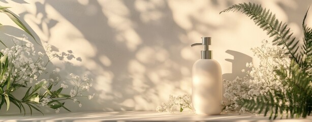 Spa serenity: A minimalist bathroom scene, featuring a dispenser bottle surrounded by soft sunlight and shadow play with fresh fern and delicate floral accents.