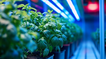 Indoor basil plants growing under LED grow lights in a hydroponic system.