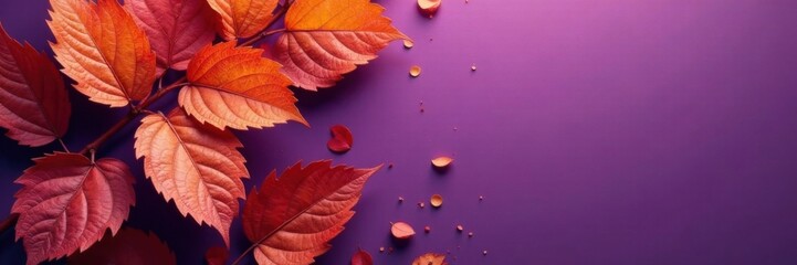 Obraz premium Dry orange metallic leaves on violet background with intricate patterns and veins , orange metal, colorful background