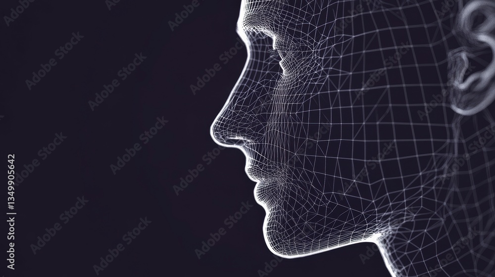 Poster wireframe profile of a human face, digital rendering on a dark background.