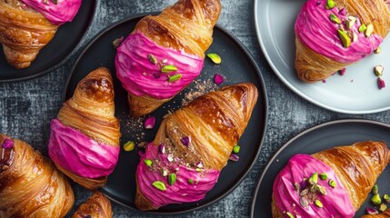 French pastry croissant set and collection buttered baked croissant breakfast bread set.