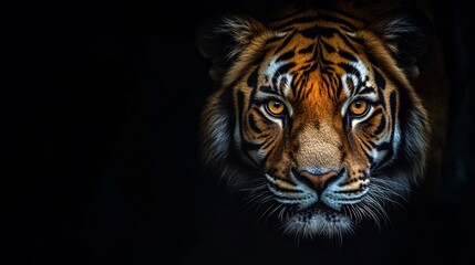 Fototapeta premium Intense tiger stares directly at viewer from shadows; close-up headshot