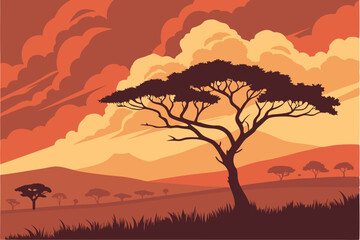 61 African savanna sunset, lone acacia tree silhouette, dramatic fiery sky, golden hour, expansive plains, distant hills, atmospheric clouds, vibrant orange and red hues, serene landscape, nature phot