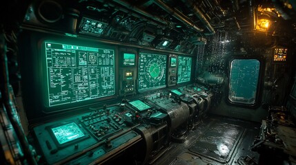 Obraz premium Interior view of a futuristic submarine control room with glowing displays and underwater view