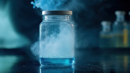 Blue Liquid in Glass Jar with Smoke