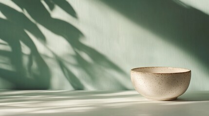 Ceramic bowl with light shadow on green wall. Natural, calming aesthetic