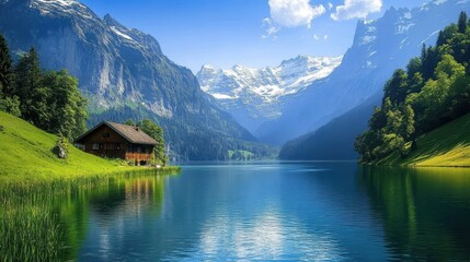 Fototapeta premium Tranquil Lake Scene Surrounded by Majestic Mountains and Greenery