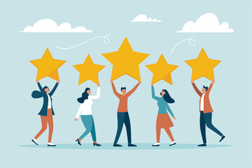 Employee survey, customer feedback rating or performance review, five stars service, best experience or feedback and engagement concept, business people employees holding 5 stars rating feedback.