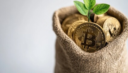 Green plant growing from burlap bag filled with golden bitcoins representing cryptocurrency investment growth