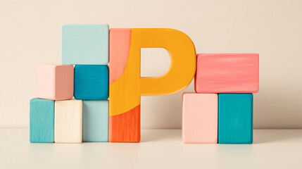 Obraz premium Brightly colored wooden blocks are stacked in unique arrangements, showcasing a large letter P in vivid yellow. Soft pastel shades create a playful atmosphere