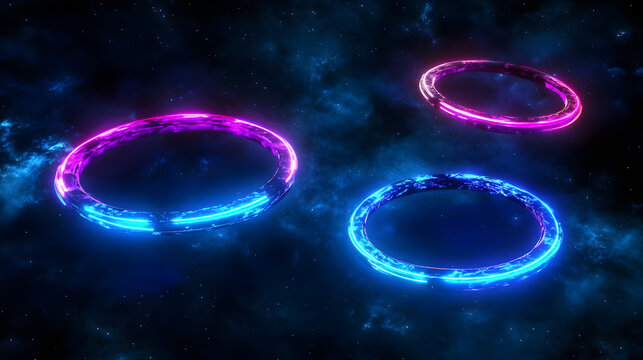 Mystical Rings in Cosmos: Three glowing rings float in a cosmic expanse, emitting a captivating radiance. Each ring features a vibrant display of colors.
