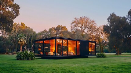 Obraz premium Modern Glass House Surrounded by Lush Green Landscape at Dusk