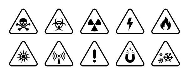 Hazard, caution, alert and danger signboard icons set in black and white triangle. Triangular warning hazard set. Set of hazard warning signs. Black and white triangle warning safety and caution sign.
