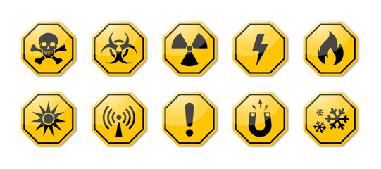 Warning hazard, caution, danger and alert icons set in black and yellow color octagon with shiny effect. Warning symbol set. Hazard warning signs set. Vector art.
