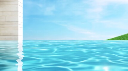 Serene Water Surface Reflecting Clear Sky and Green Landscape