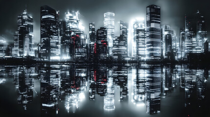 Cityscape Reflection: A stunning grayscale panorama of a modern city skyline at night, its towering skyscrapers mirrored in the calm waters below.
