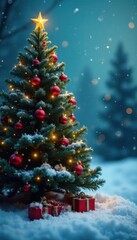 Obraz premium Evergreen Christmas tree in festive winter landscape with colorful ornaments and twinkling lights , holiday season, lights