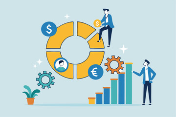 Fototapeta premium Balanced scorecard measuring performance from financial, customer, process, learning and growth, KPI key performance indicator, efficiency concept, businessman with balanced scorecard chart diagram.