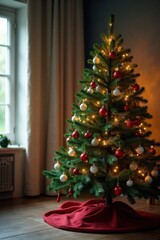 Evergreen Christmas tree with ornaments and lights in a cozy living room, Cozy atmosphere, Living room, Decorative lights