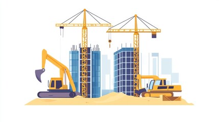 Construction site with cranes and excavators. City background. Stock image for business use.