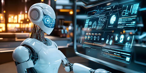 Futuristic Robot Interacting with Advanced Interface