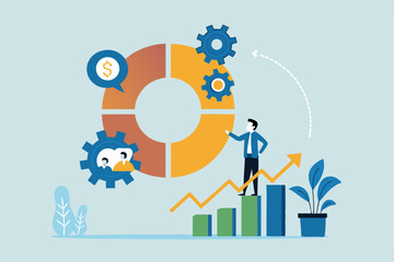 Balanced scorecard measuring performance from financial, customer, process, learning and growth, KPI key performance indicator, efficiency concept, businessman with balanced scorecard chart diagram.