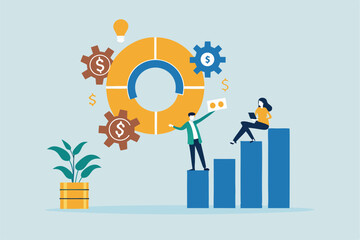 Balanced scorecard measuring performance from financial, customer, process, learning and growth, KPI key performance indicator, efficiency concept, businessman with balanced scorecard chart diagram.