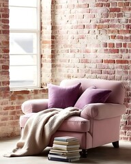 Cozy Pink Sofa with Pillows and Throw in Modern Brick Interior