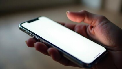 Female hand resting on a blank smartphone touchscreen, with fingers curved over the edge , subtle glow, touchscreen