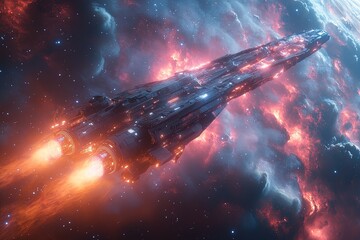 Fototapeta premium Spacecraft travels through a nebula of swirling colors in a cosmic scene