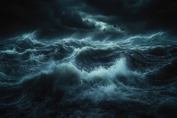 Violent ocean waves during a stormy night.