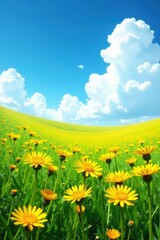 Obraz premium Field of vibrant yellow dandelions against a brilliant blue sky with fluffy white clouds , flowers in field,