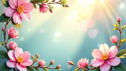 Spring themed decorative frame with text inside in sun rays, is adorned with spring pastel flowers on spring blue pastel background. AI generated