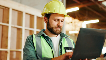 Carpentry, website and man on laptop in workshop for woodworking, furniture restoration and lumber...