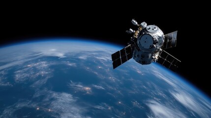 Fototapeta premium Spacecraft orbiting Earth. Detailed view of a satellite in orbit, showing Earth's surface below