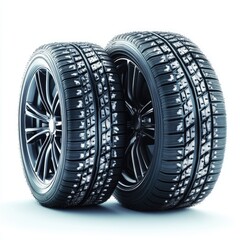 Winter tires on rims, close-up.  Two tires with a  pattern for winter driving