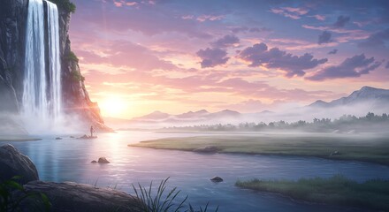 Waterfall Into River at Sunset With Person Enjoying the Serene View